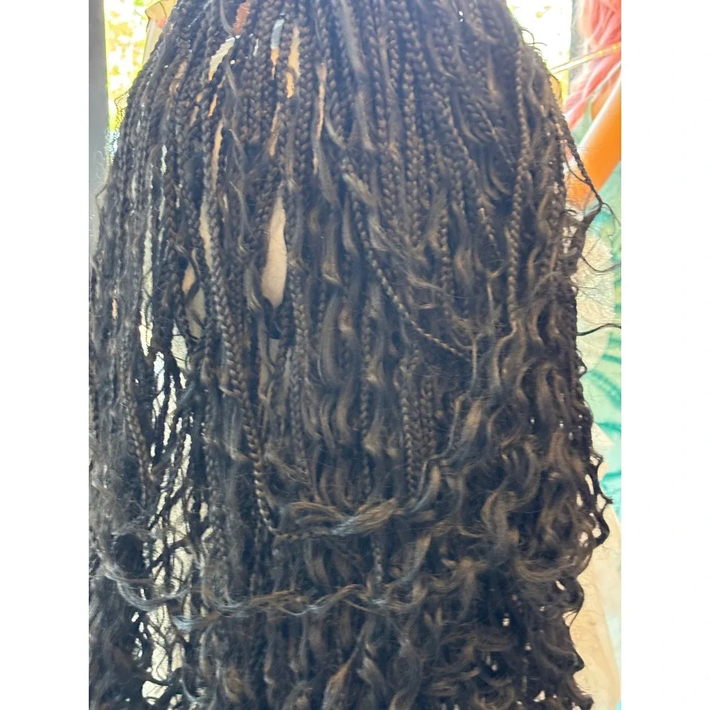 Black Braided Lace Front Wig Long Bohemian Box Braids Curly Ends 34 In Glueless